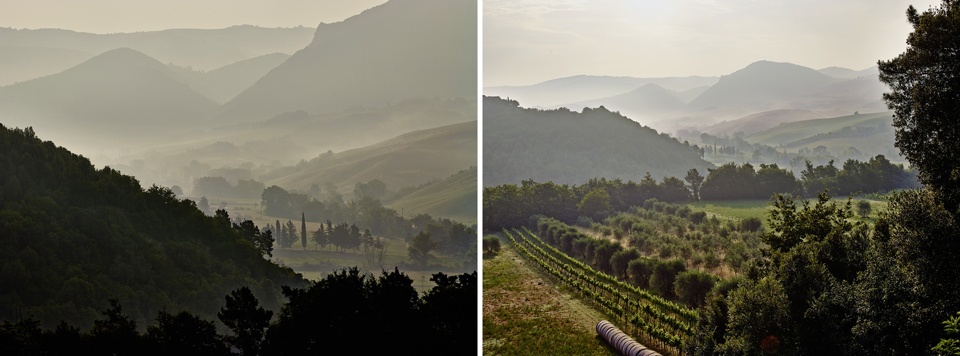 Ausblick vom Ferienhaus Podere Cortilla in die Landschaft der Toskana